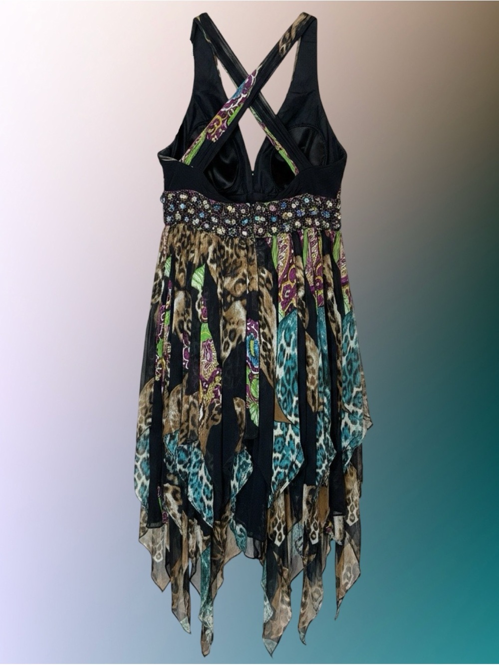 JOVANI 100% Silk Beaded Animal Print Handkerchief Hem Maxi Dress - Picture 2 of 10
